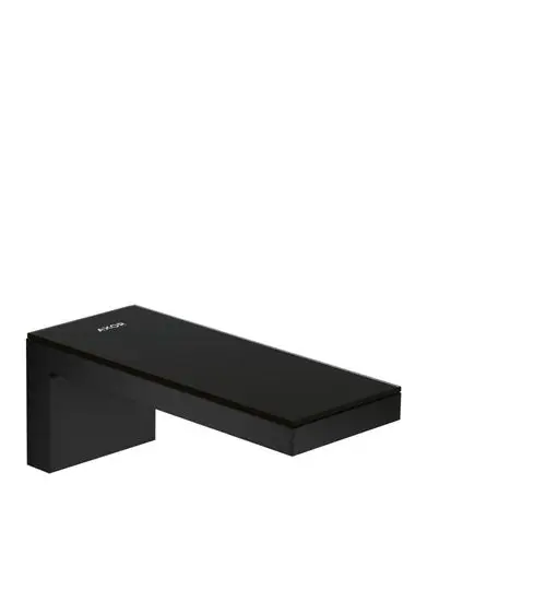 Schwarzer Wanneneinlauf mit glatter Oberfläche, montiert an einer Wand. Das Design ist schlicht und funktional, mit der Marke AXOR sichtbar.